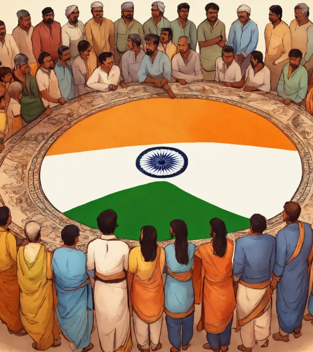 a hand drawn painting of a gathering of Indian peo